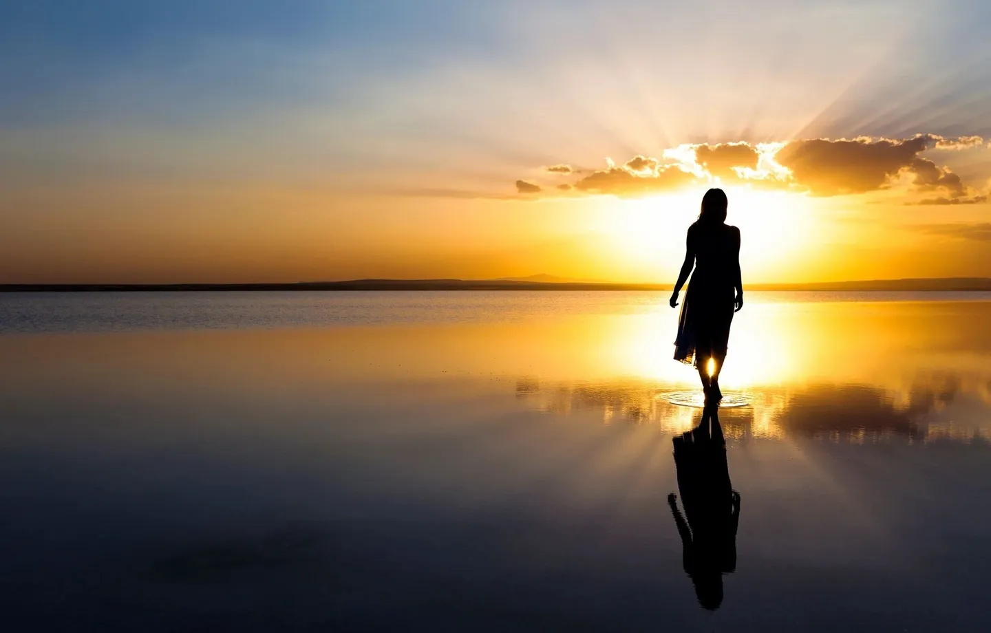 A person walking on the beach at sunset