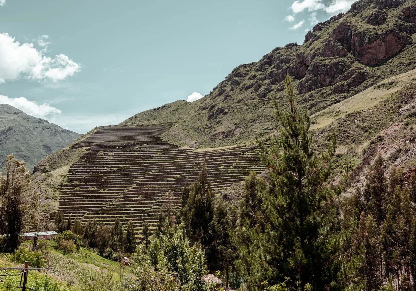 A mountain with many hills and trees on it